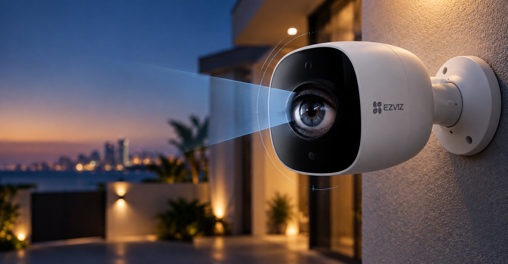 Caméra de sécurité installée sur une façade, la nuit